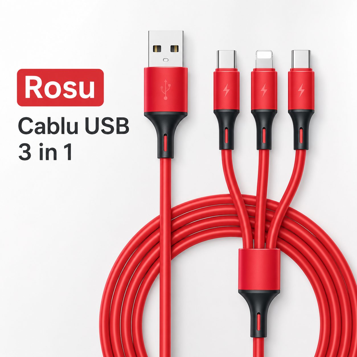Cablu de Date si Incarcare 3 in 1, , 3A, Silicon Lichid, Type-C, Lightning, Micro USB, 1.2 m, Rosu 2