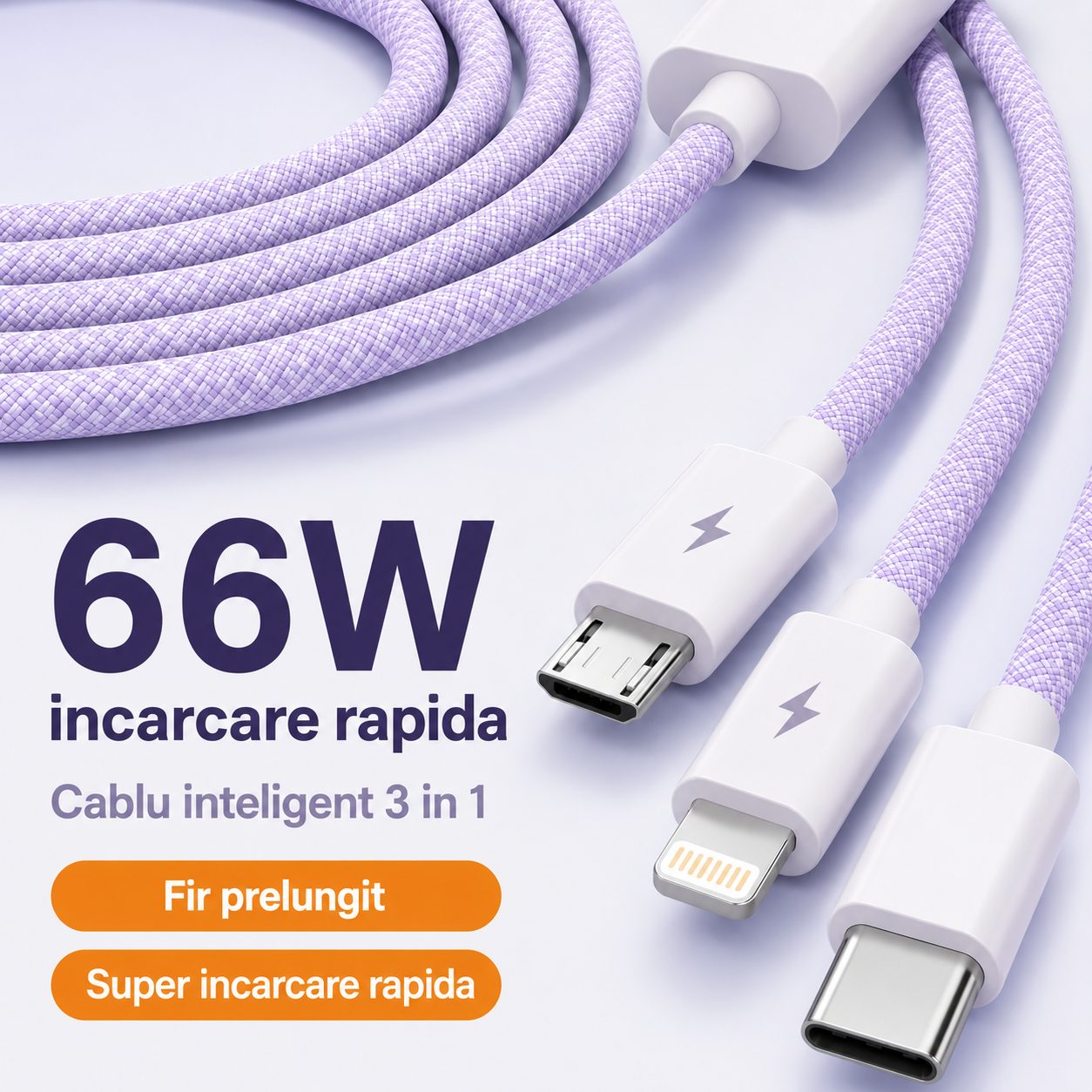 Cablu Incarcare Rapida 3 in 1, , 66W, 6A, Conectori Lightning, Type-C, Micro USB, Textil Impletit, 1.2 m, Mov 5