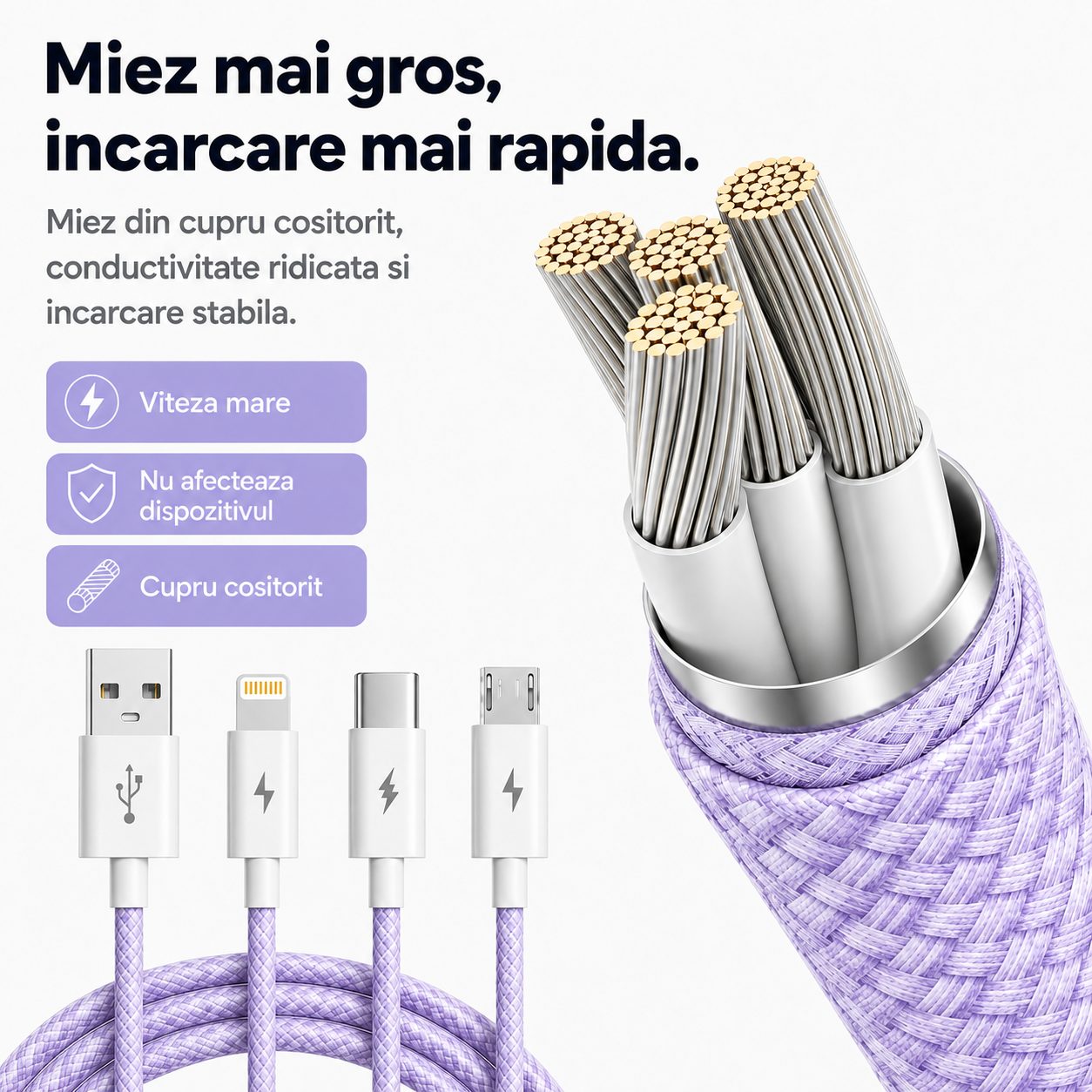 Cablu Incarcare Rapida 3 in 1, , 66W, 6A, Conectori Lightning, Type-C, Micro USB, Textil Impletit, 1.2 m, Mov 3