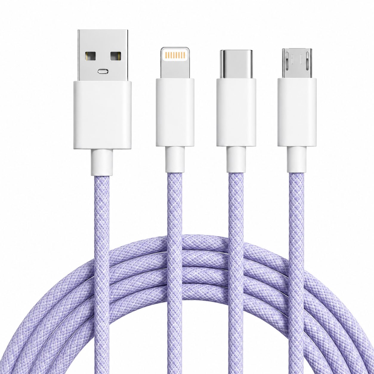 Cablu Incarcare Rapida 3 in 1, , 66W, 6A, Conectori Lightning, Type-C, Micro USB, Textil Impletit, 1.2 m, Mov