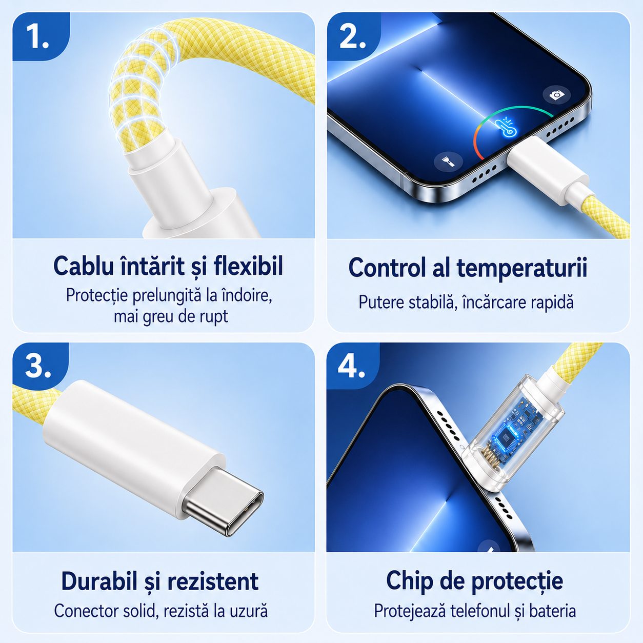 Cablu Incarcare Rapida 3 in 1, , 66W, 6A, Conectori Lightning, Type-C, Micro USB, Textil Impletit, 1.2 m, Galben 4