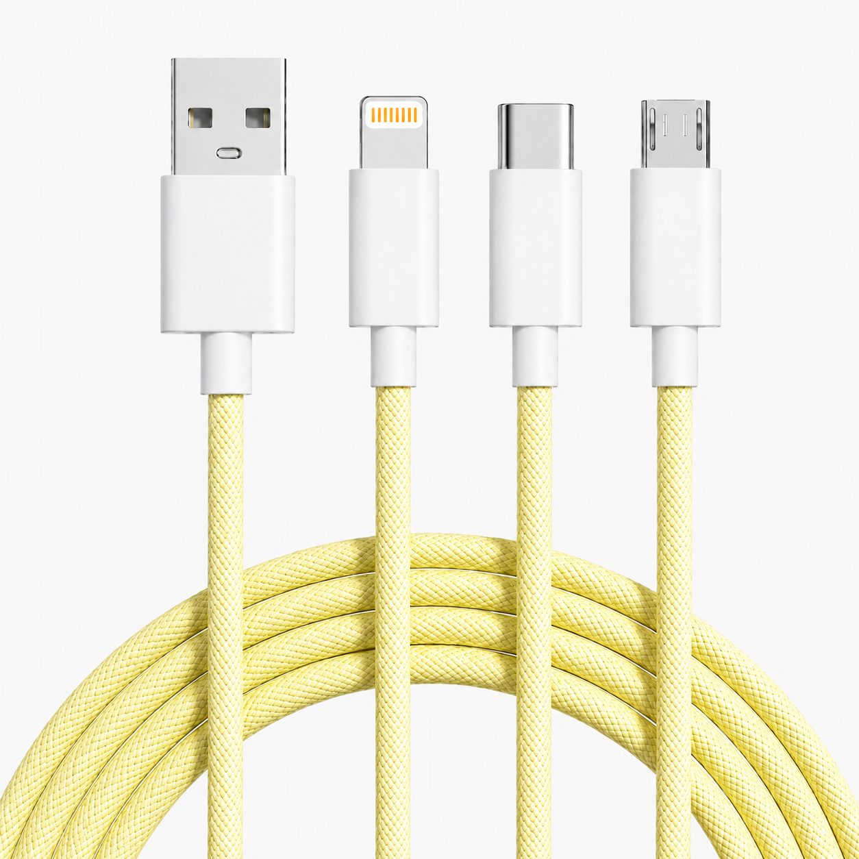 Cablu Incarcare Rapida 3 in 1, , 66W, 6A, Conectori Lightning, Type-C, Micro USB, Textil Impletit, 1.2 m, Galben