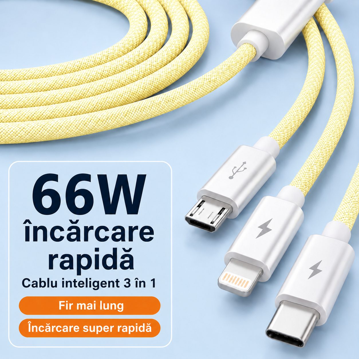 Cablu Incarcare Rapida 3 in 1, , 66W, 6A, Conectori Lightning, Type-C, Micro USB, Textil Impletit, 1.2 m, Galben 5