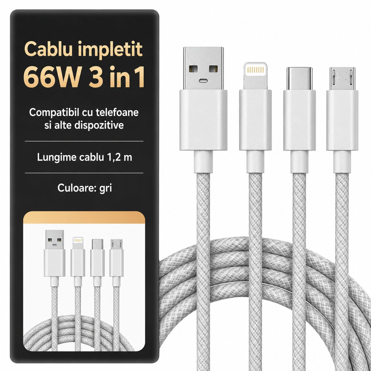 Cablu Incarcare Rapida 3 in 1, , 66W, 6A, Conectori Lightning, Type-C, Micro USB, Textil Impletit, 1.2 m, Gri 3