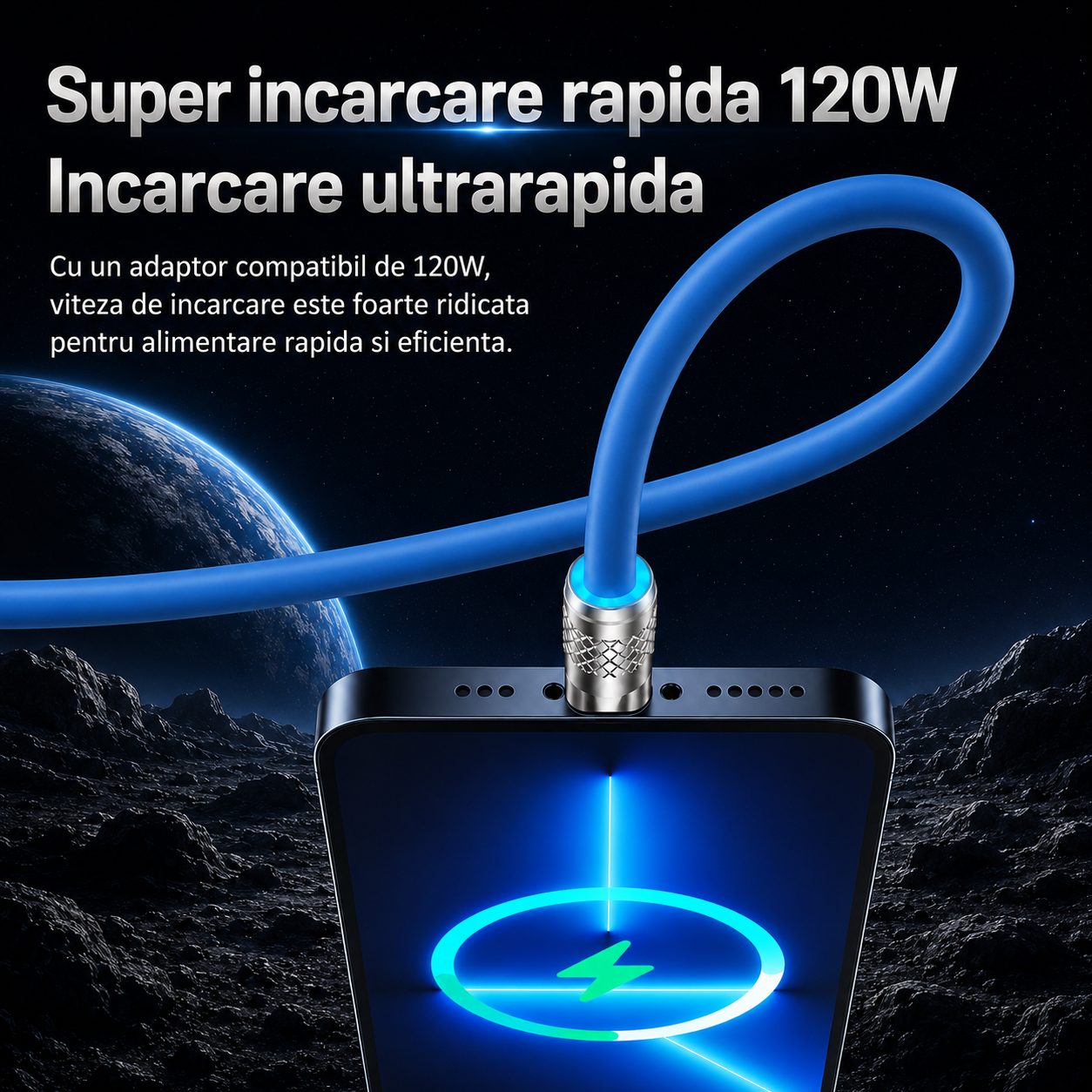 Cablu de Incarcare si Date 3 in 1, , Fast Charging, 120W, Compatibil Type-C, Utilizare Simultana pentru 3 Dispozitive, 1.2 m, Albastru 5