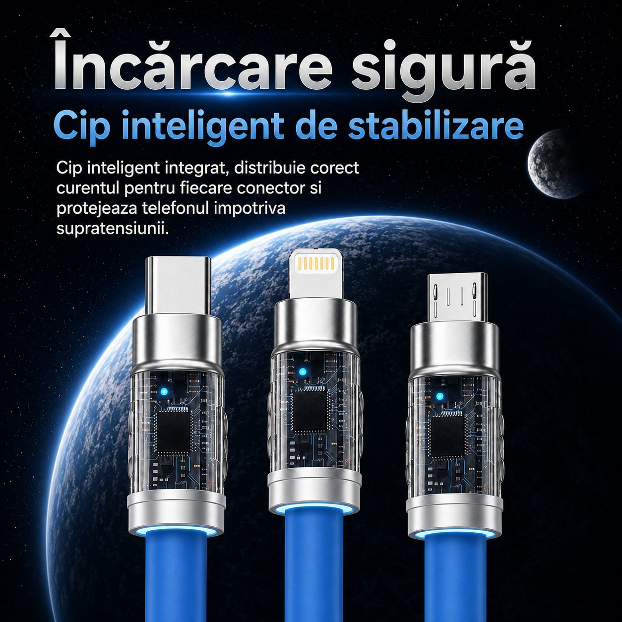 Cablu de Incarcare si Date 3 in 1, , Fast Charging, 120W, Compatibil Type-C, Utilizare Simultana pentru 3 Dispozitive, 1.2 m, Albastru 2