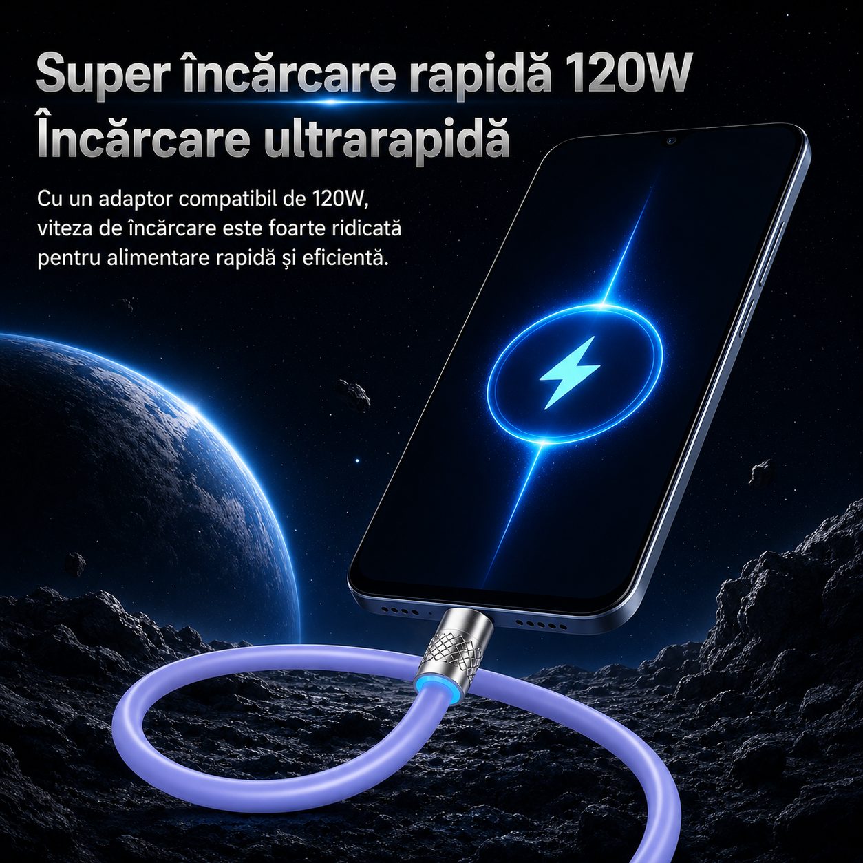 Cablu de Incarcare si Date 3 in 1, , Fast Charging, 120W, Compatibil Type-C, Utilizare Simultana pentru 3 Dispozitive, 1.2 m, Mov 4