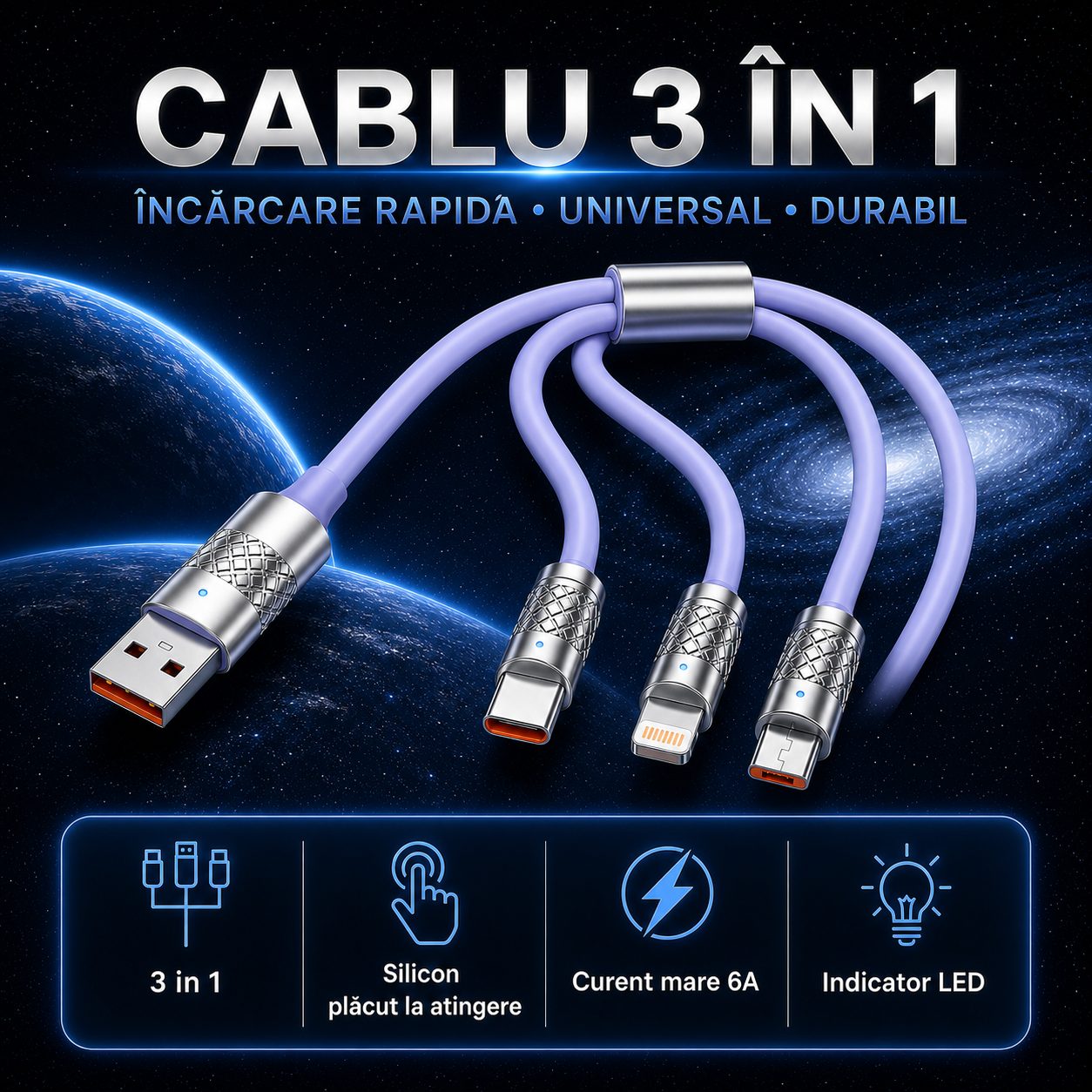 Cablu de Incarcare si Date 3 in 1, , Fast Charging, 120W, Compatibil Type-C, Utilizare Simultana pentru 3 Dispozitive, 1.2 m, Mov 2