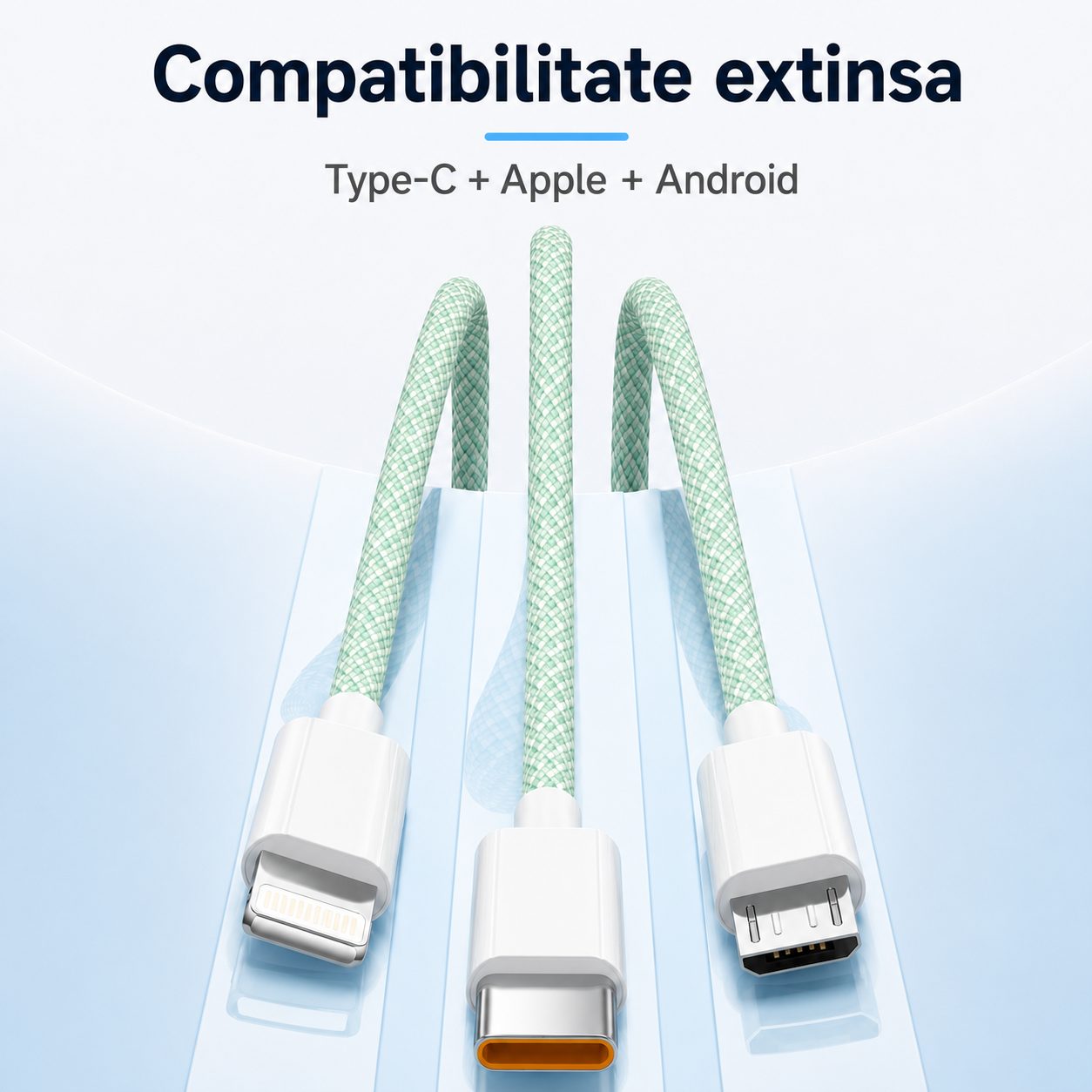 Cablu USB 3 in 1, , 100W, Compatibil Android si iPhone, Incarcare si Transfer Date, Textil Impletit, Verde 4