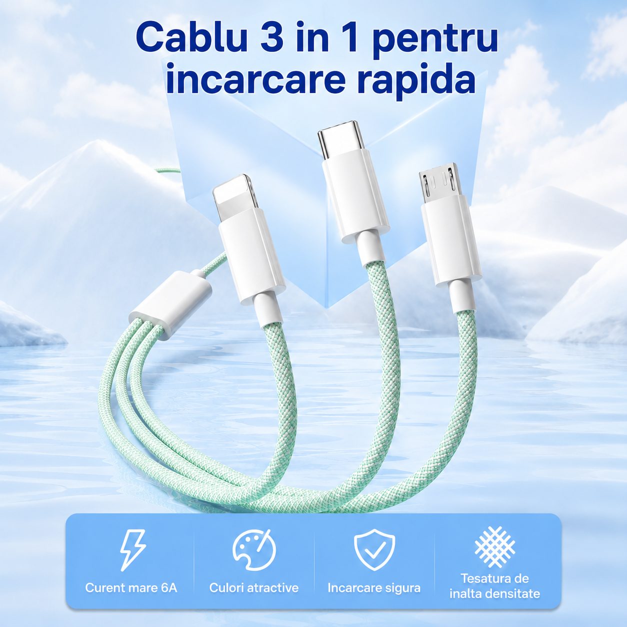 Cablu USB 3 in 1, , 100W, Compatibil Android si iPhone, Incarcare si Transfer Date, Textil Impletit, Verde 2