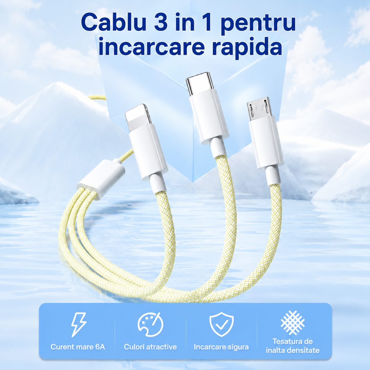 Cablu USB 3 in 1, , 100W, Compatibil Android si iPhone, Incarcare si Transfer Date, Textil Impletit, Galben 2