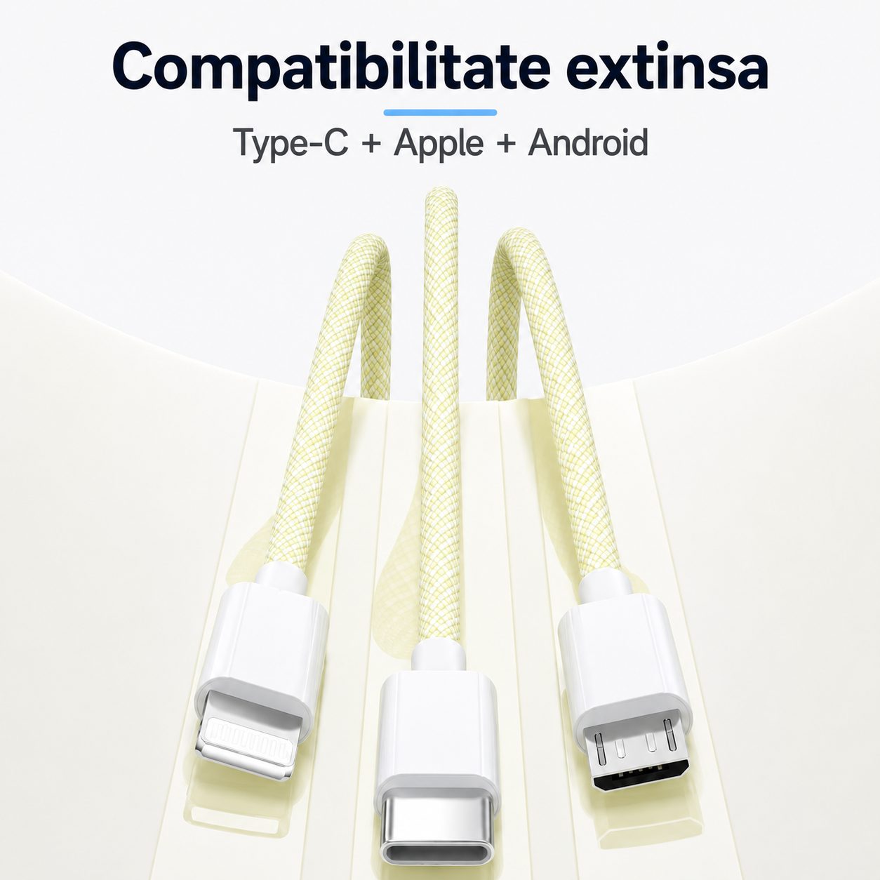 Cablu USB 3 in 1, , 100W, Compatibil Android si iPhone, Incarcare si Transfer Date, Textil Impletit, Galben 4