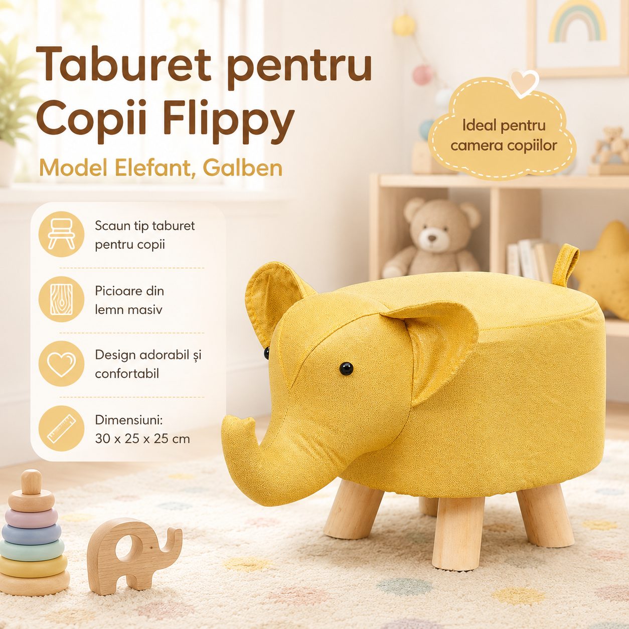 Taburet pentru Copii, , Scaun Tip Taburet, Model Elefant, din Lemn Masiv, Scaun pentru Copii, 30 x 25 x 25 cm, Galben 2
