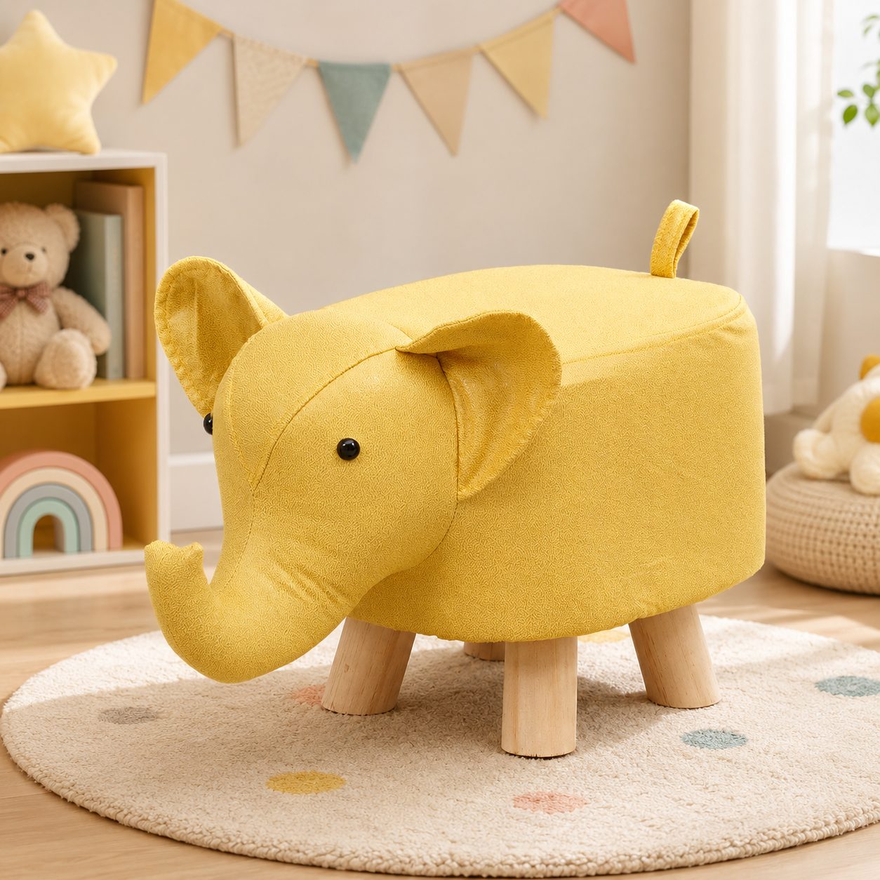 Taburet pentru Copii, , Scaun Tip Taburet, Model Elefant, din Lemn Masiv, Scaun pentru Copii, 30 x 25 x 25 cm, Galben 5