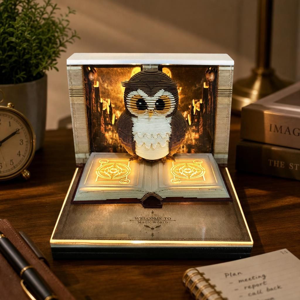 Calendar Interactiv 3D 2026, Flippy, Calendar de Sculptura cu Luminite LED, Bufnita Magic World, pentru Copii, Calendar de Birou Ornamentat, 9 x 9 x 6.8 cm, Maro