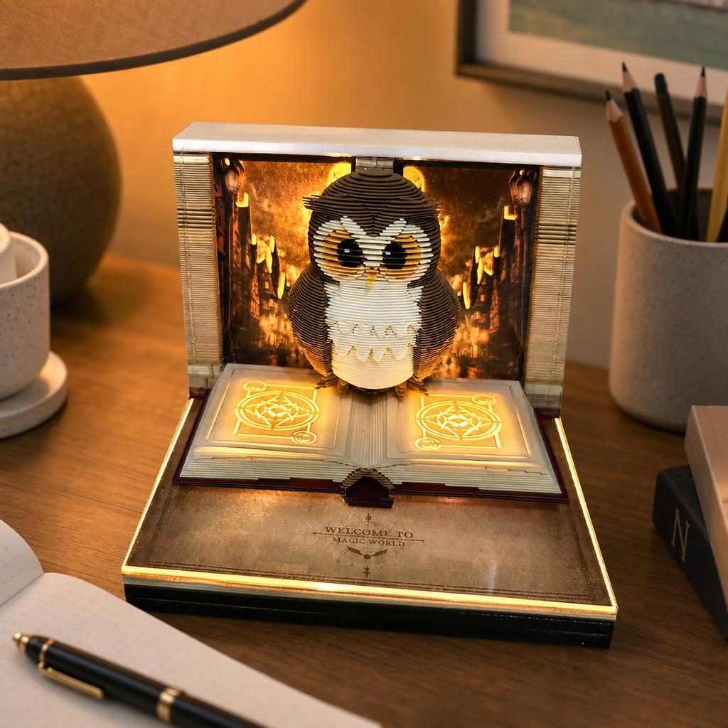 Calendar Interactiv 3D 2026, Flippy, Calendar de Sculptura cu Luminite LED, Bufnita Magic World, pentru Copii, Calendar de Birou Ornamentat, 9 x 9 x 6.8 cm, Maro