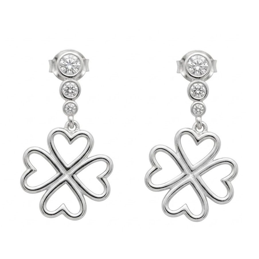 Cercei din Argint 925, Jolie Silver, pentru Dama, Model Trifoi Contur Cu 3 Pietre, 4.30 g, Argintiu