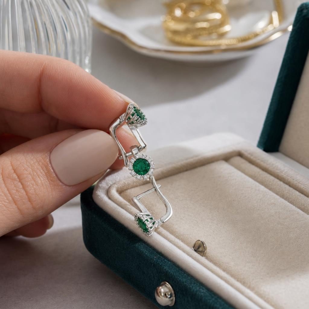Set Bijuterii din Argint 925, Jolie Silver, Pandantiv si Cercei cu Inchidere Clasica, Model Bumb, Zirconii Verzi si Contur cu Pietre Stralucitoare, Greutate 4.82 g, Argintiu 3