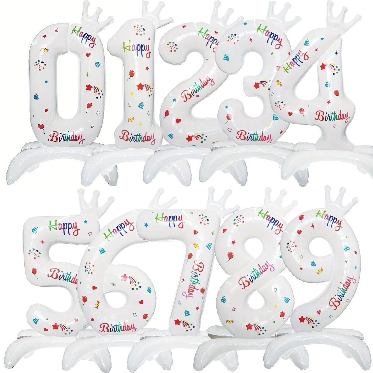 Balon din Folie Metalizata, TOPinStock, Figurina Cifra, Model cu Happy Birthday Scris, Tema Aniversare 81 cm, Ambalaj Individual, Pai Inclus, Umflare cu Aer sau Heliu, Alb - Imagine