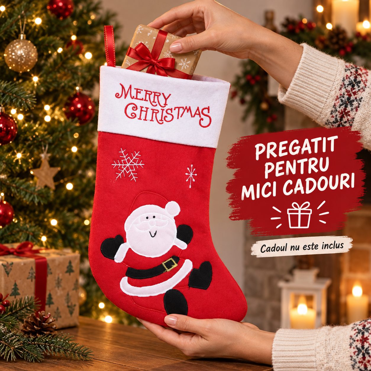 Ciorap pentru Cadouri, Flippy, Model Mos Craciun, Textil, 20x40 cm, Rosu