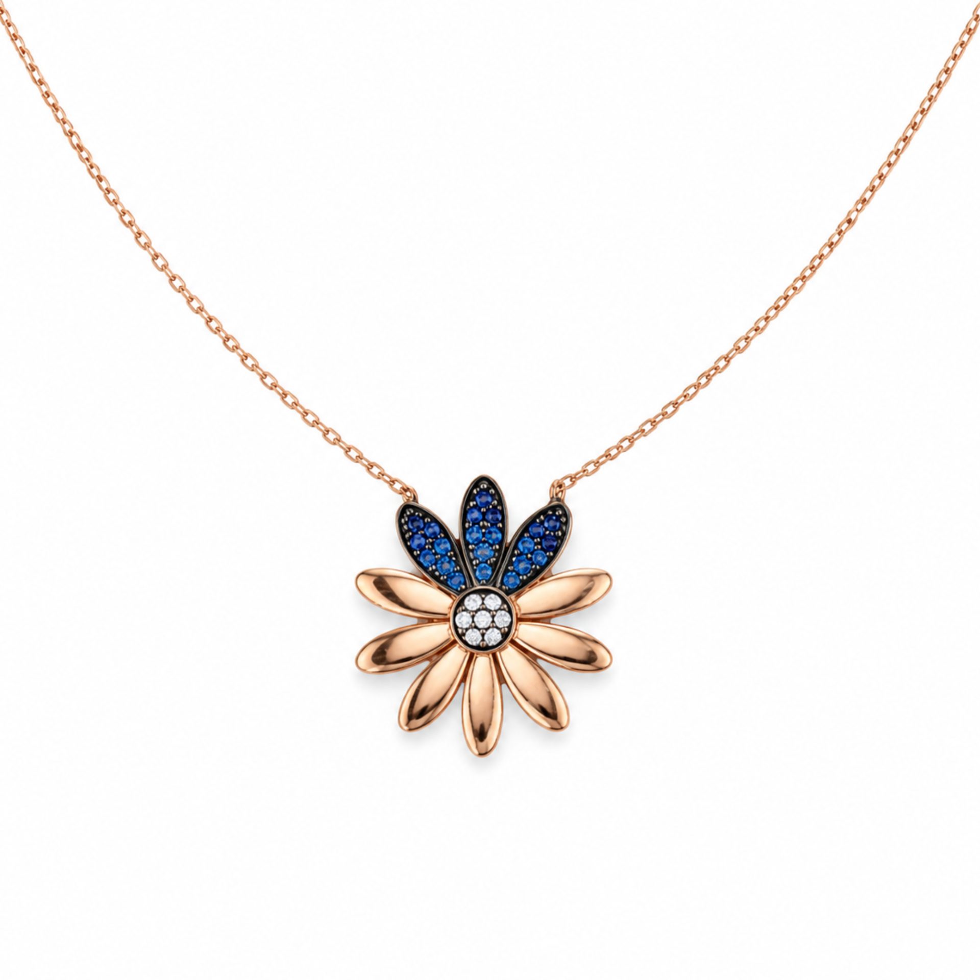 Colier argint 925 margareta cu zirconii albastre placat cu aur roz