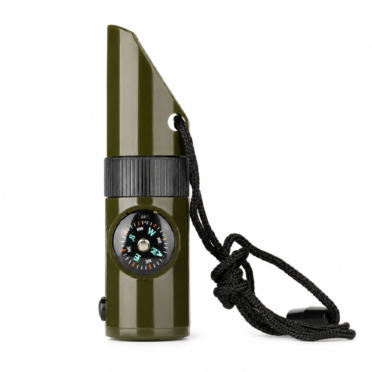 Kit supravieturie , Fluier multifunctional 7 in 1, pentru drumetii, hiking, lupa, fluier, termometru, depozitare pastile, busola, din material ABS, cu snur, 9,7 x 2,8 cm, verde 1