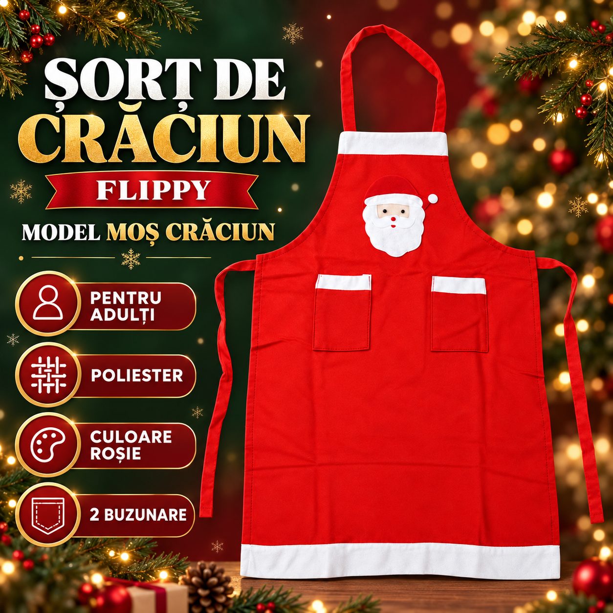 Detaliu al șorțului Flippy cu model Moș Crăciun