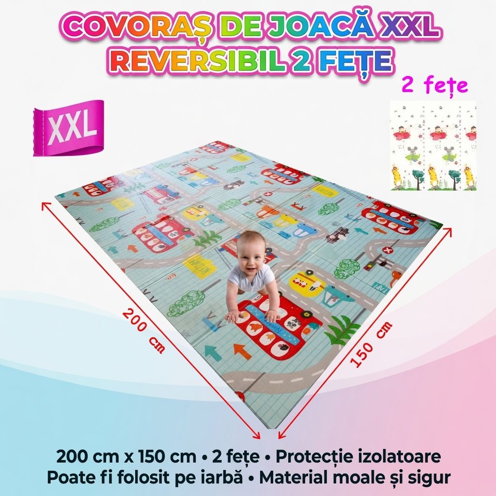 Covoras De Joaca Pentru Bebelusi 200x150 cm, Covor Educativ Cu Model Oras Si Drumuri, Covoras Pliabil Impermeabil Si Antiderapant, Jucarie Dezvoltare Motrica Si Senzoriala, Pentru Copii 0+ Luni, Model 1, Multicolor 2