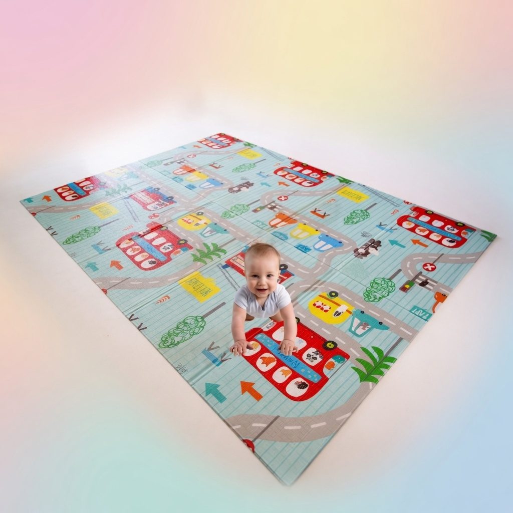 Covoras De Joaca Pentru Bebelusi 200x150 cm, Covor Educativ Cu Model Oras Si Drumuri, Covoras Pliabil Impermeabil Si Antiderapant, Jucarie Dezvoltare Motrica Si Senzoriala, Pentru Copii 0+ Luni, Model 1, Multicolor 3
