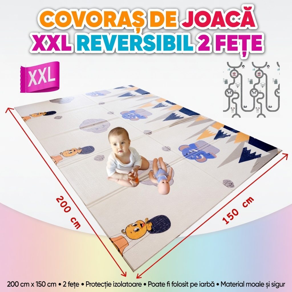 Covoras De Joaca Pentru Bebelusi 200x150 cm, Covor Educativ, Covoras Pliabil Impermeabil Si Antiderapant, Jucarie Dezvoltare Motrica Si Senzoriala, Pentru Copii 0+ Luni, Model 2, Multicolor 2