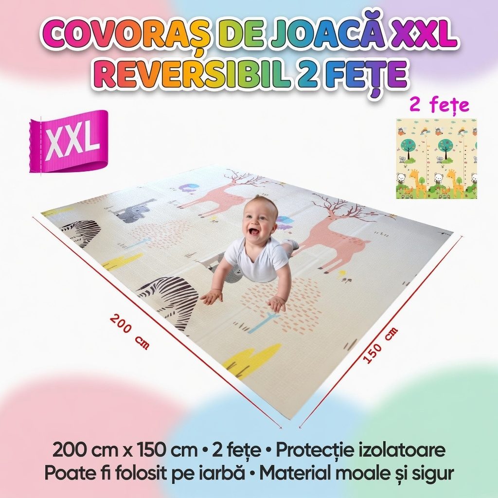 Covoras De Joaca Pentru Bebelusi 200x150 cm, Covor Educativ, Covoras Pliabil Impermeabil Si Antiderapant, Jucarie Dezvoltare Motrica Si Senzoriala, Pentru Copii 0+ Luni, Model 3, Multicolor 3