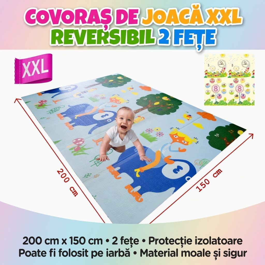 Covoras De Joaca Pentru Bebelusi 200x150 cm, Covor Educativ, Covoras Pliabil Impermeabil Si Antiderapant, Jucarie Dezvoltare Motrica Si Senzoriala, Pentru Copii 0+ Luni, Model 4, Multicolor 2