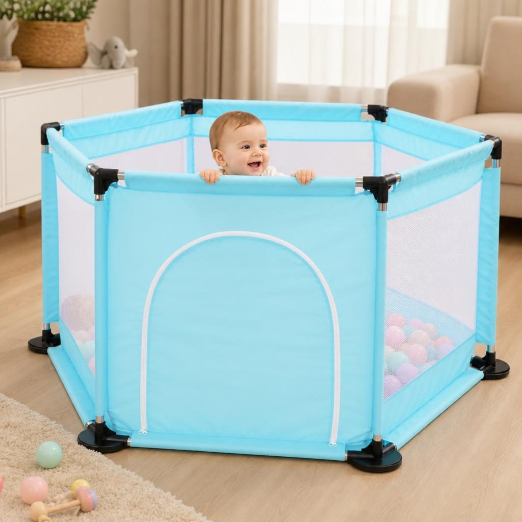 Tarc de Joaca si Siguranta pentru Copii DNT-104, , Dimensiuni 130 x 115 x 65 cm, Structura de Protectie pentru Interior, Albastru deschis 3
