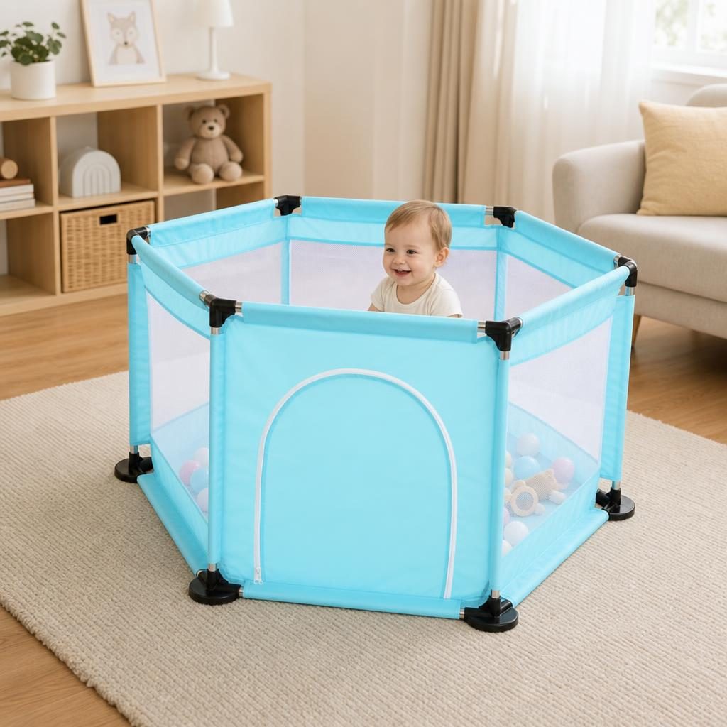 Tarc de Joaca si Siguranta pentru Copii DNT-104, , Dimensiuni 130 x 115 x 65 cm, Structura de Protectie pentru Interior, Albastru deschis 4