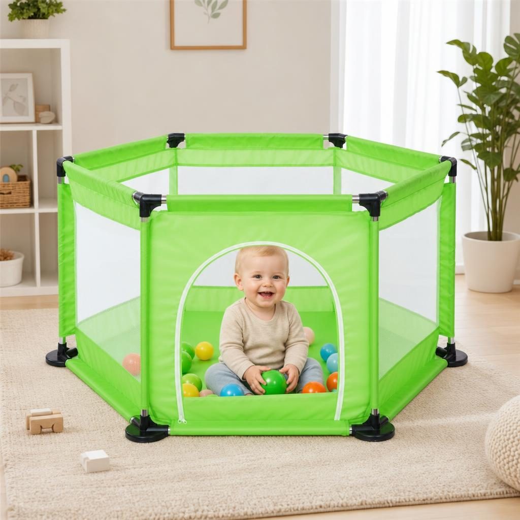 Tarc de Joaca si Siguranta pentru Copii DNT-104, , Dimensiuni 130 x 115 x 65 cm, Structura de Protectie pentru Interior, Verde deschis 3