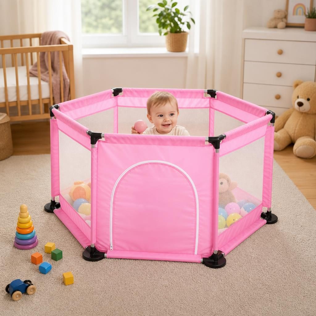 Tarc de Joaca si Siguranta pentru Copii DNT-104, , Dimensiuni 130 x 115 x 65 cm, Structura de Protectie pentru Interior, Roz deschis 3