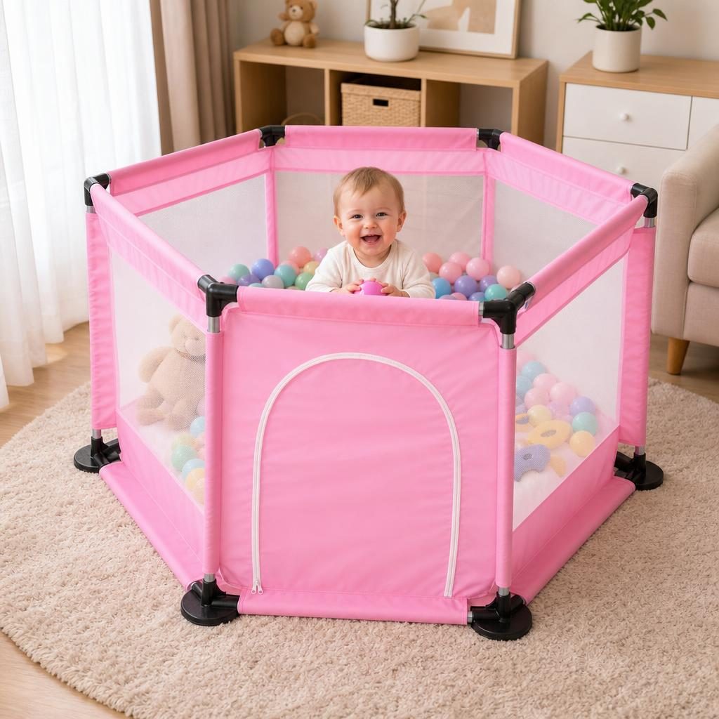 Tarc de Joaca si Siguranta pentru Copii DNT-104, , Dimensiuni 130 x 115 x 65 cm, Structura de Protectie pentru Interior, Roz deschis 5