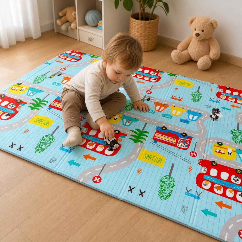 Covoras De Joaca Pentru Bebelusi 200x150 cm, Covor Educativ Cu Model Oras Si Drumuri, Covoras Pliabil Impermeabil Si Antiderapant, Jucarie Dezvoltare Motrica Si Senzoriala, Pentru Copii 0+ Luni, Model 1, Multicolor