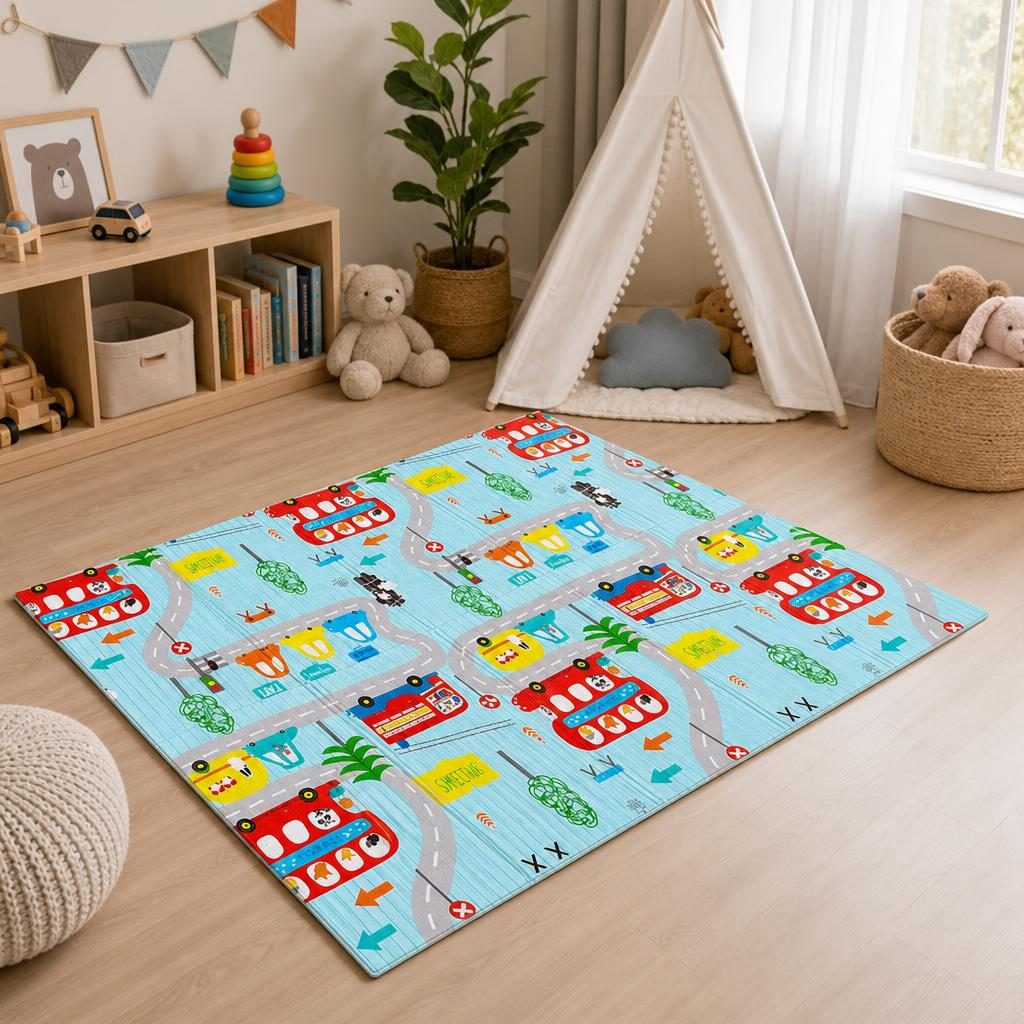 Covoras De Joaca Pentru Bebelusi 200x150 cm, Covor Educativ Cu Model Oras Si Drumuri, Covoras Pliabil Impermeabil Si Antiderapant, Jucarie Dezvoltare Motrica Si Senzoriala, Pentru Copii 0+ Luni, Model 1, Multicolor