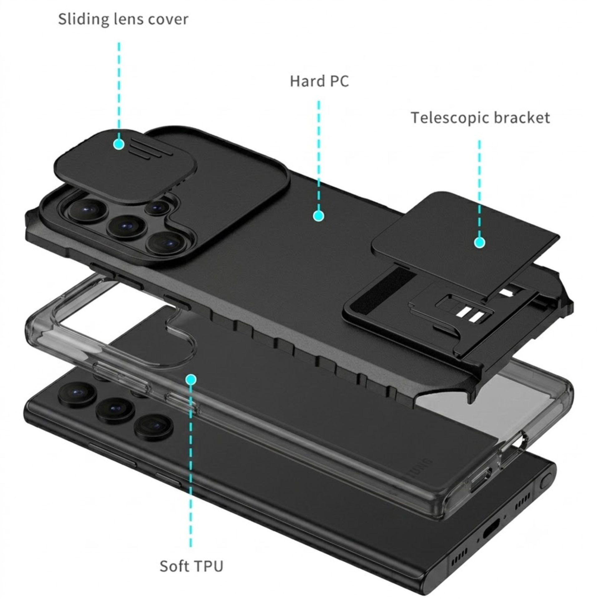 Husa Defender cu Stand pentru Samsung Galaxy A72 4G/ 5G, Negru, Suport reglabil, Antisoc, Protectie glisanta pentru camera, Flippy
