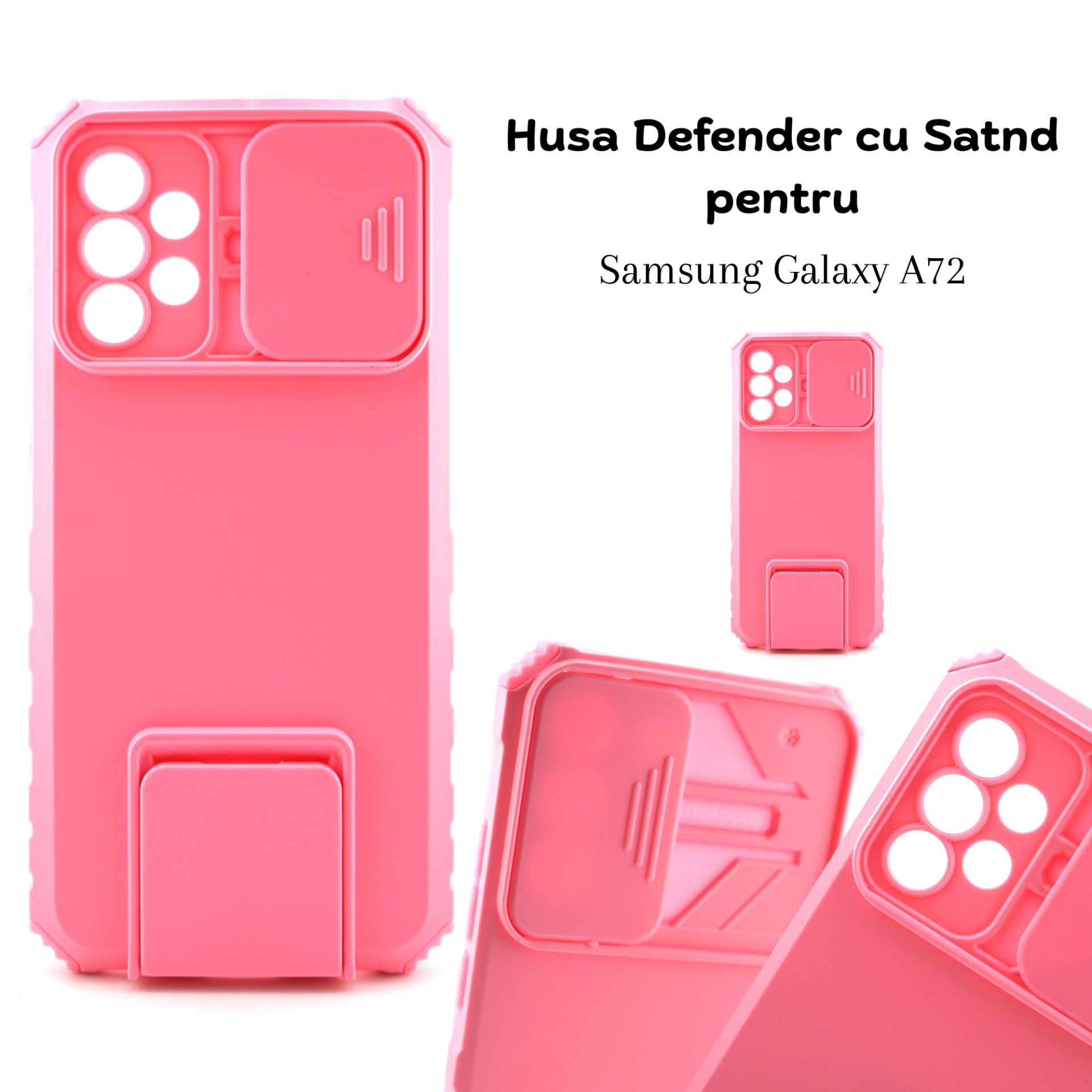 Husa Defender cu Stand pentru Samsung Galaxy A72 4G/ 5G, Roz, Suport reglabil, Antisoc, Protectie glisanta pentru camera, Flippy