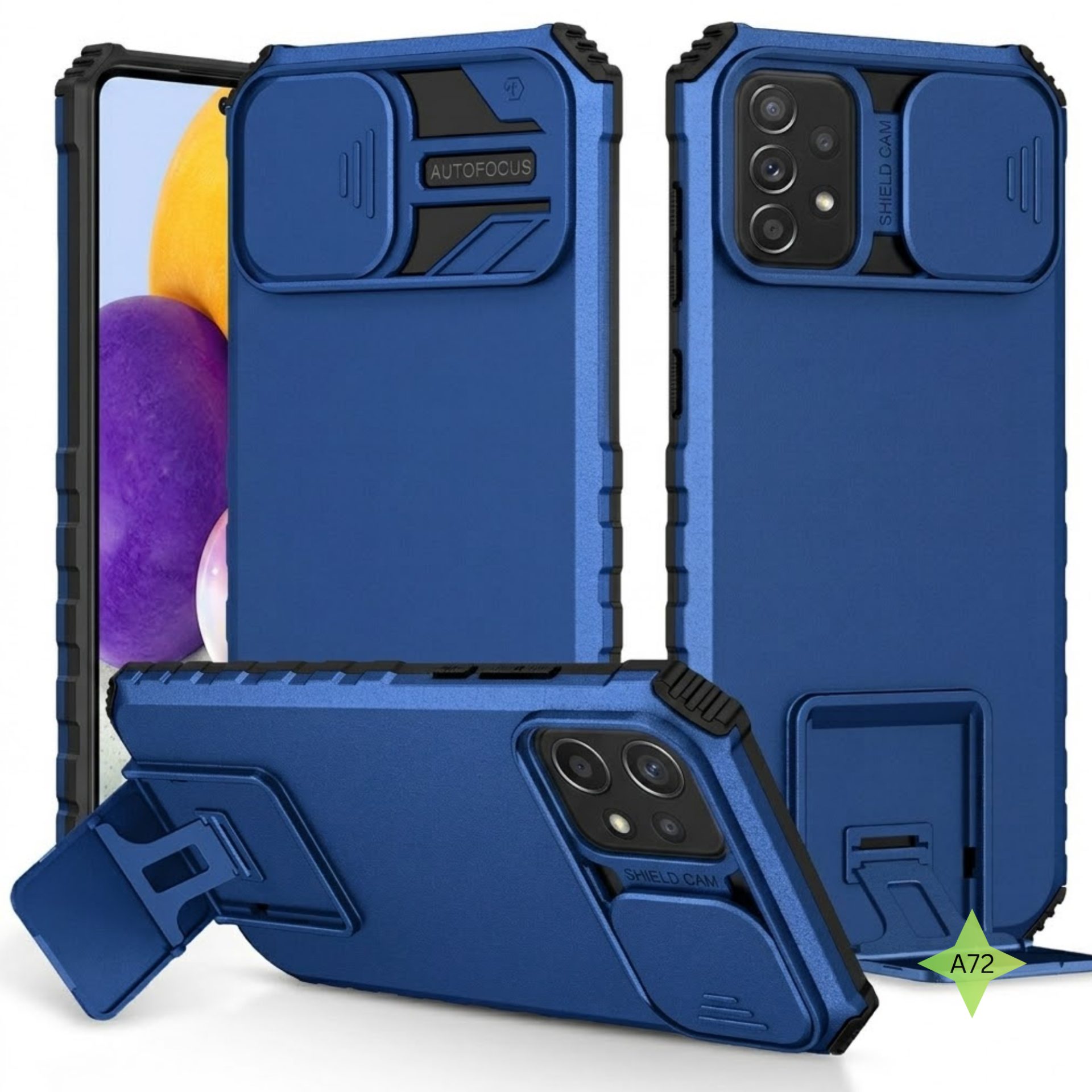 Husa Defender cu Stand pentru Samsung Galaxy A72 4G/ 5G, Albastru, Suport reglabil, Antisoc, Protectie glisanta pentru camera, Flippy
