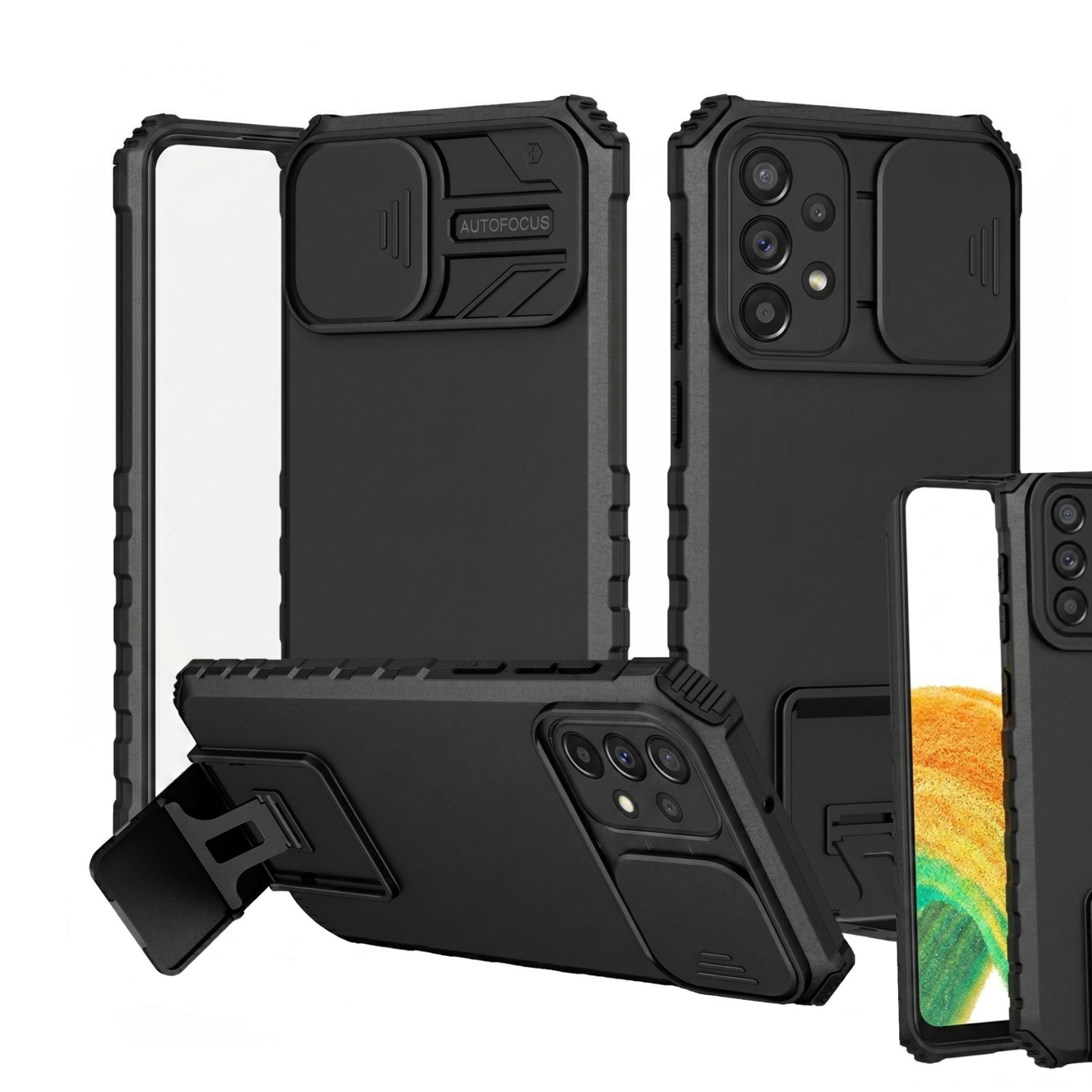 Husa Defender cu Stand pentru Samsung Galaxy A33 5G, Negru, Suport reglabil, Antisoc, Protectie glisanta pentru camera, Flippy