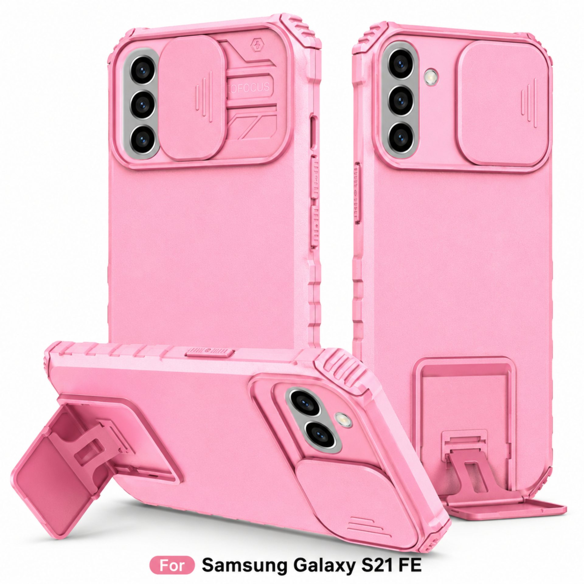 Husa Defender cu Stand pentru Samsung Galaxy S21 FE, Roz, Suport reglabil, Antisoc, Protectie glisanta pentru camera, Flippy
