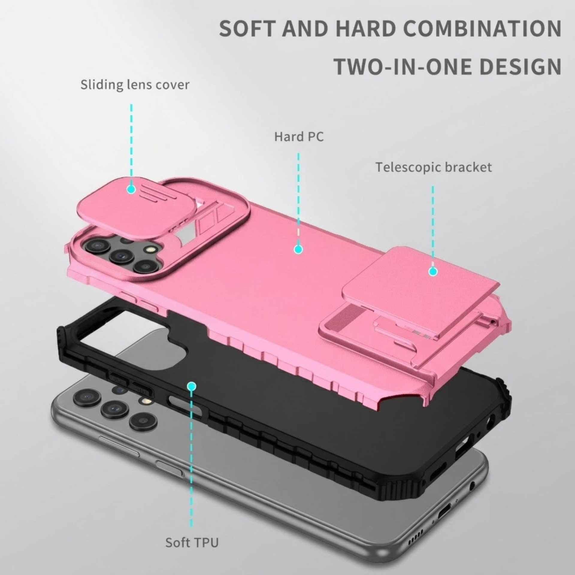 Husa Defender cu Stand pentru Samsung Galaxy S21 FE, Roz, Suport reglabil, Antisoc, Protectie glisanta pentru camera, Flippy
