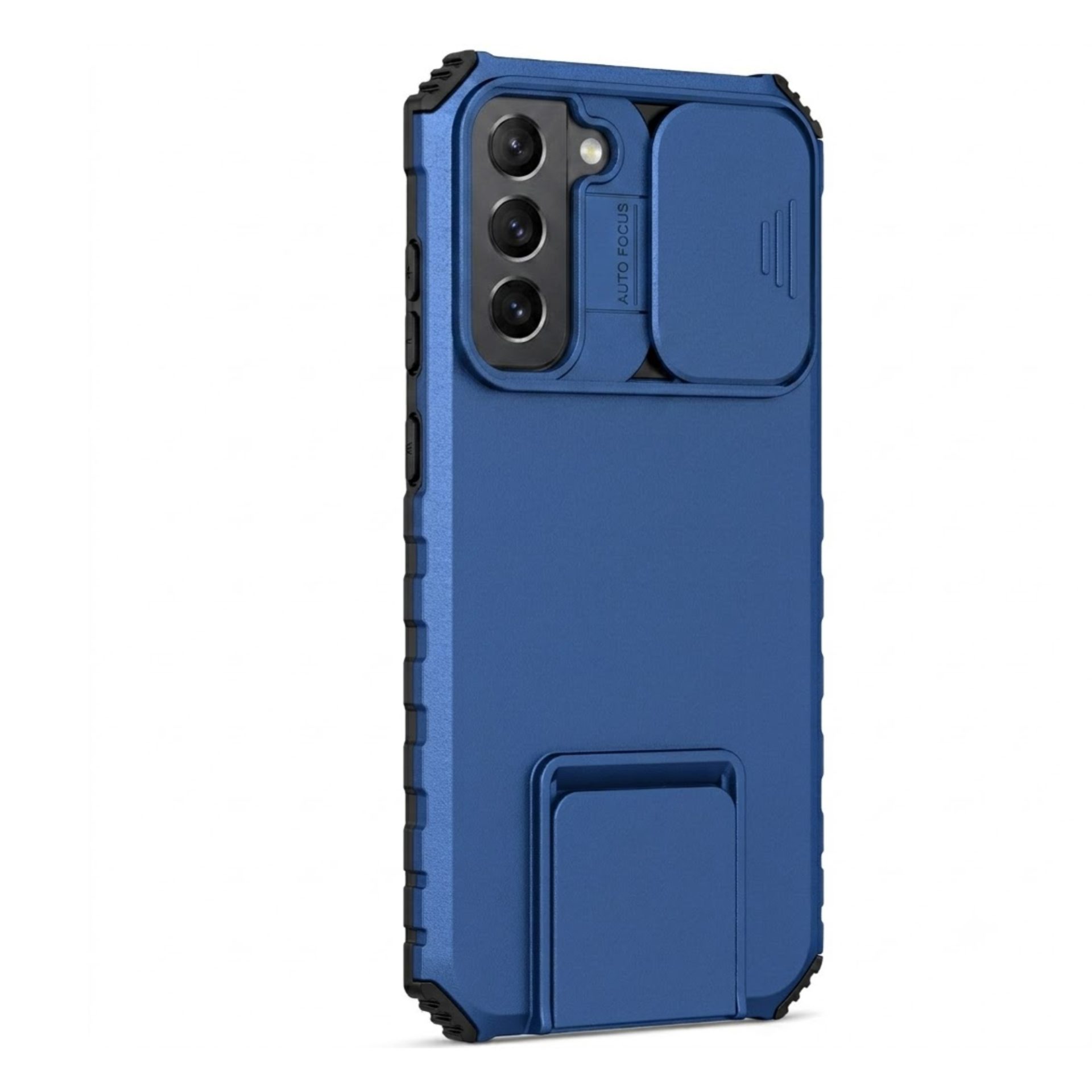 Husa Defender cu Stand pentru Samsung Galaxy S21 FE, Albastru, Suport reglabil, Antisoc, Protectie glisanta pentru camera, Flippy