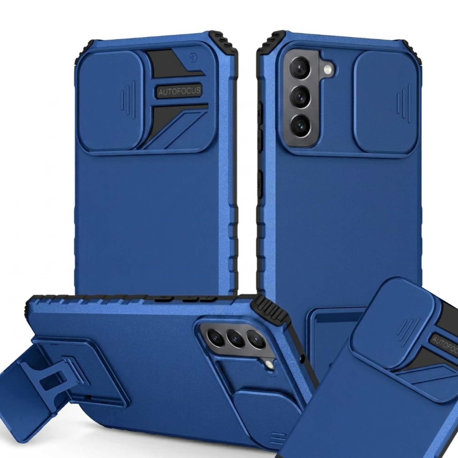 Husa Defender cu Stand pentru Samsung Galaxy S21 FE, Albastru, Suport reglabil, Antisoc, Protectie glisanta pentru camera, Flippy