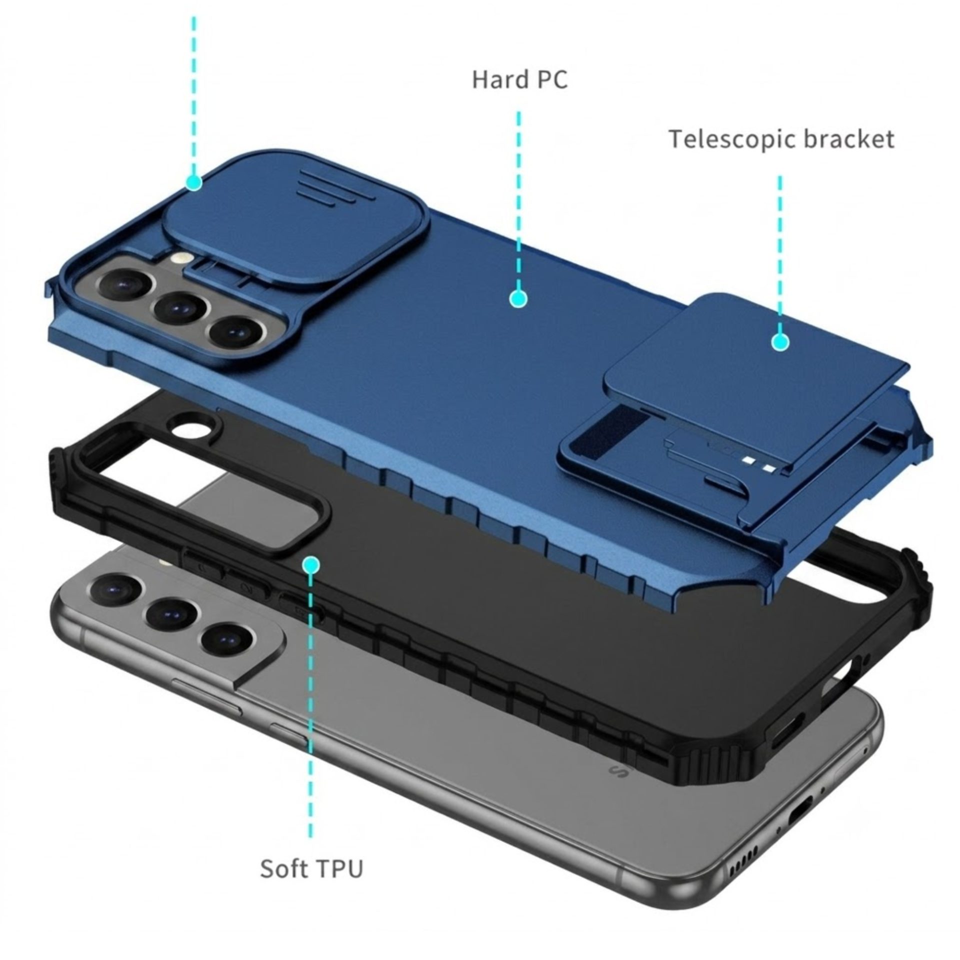 Husa Defender cu Stand pentru Samsung Galaxy S22, Albastru, Suport reglabil, Antisoc, Protectie glisanta pentru camera, Flippy