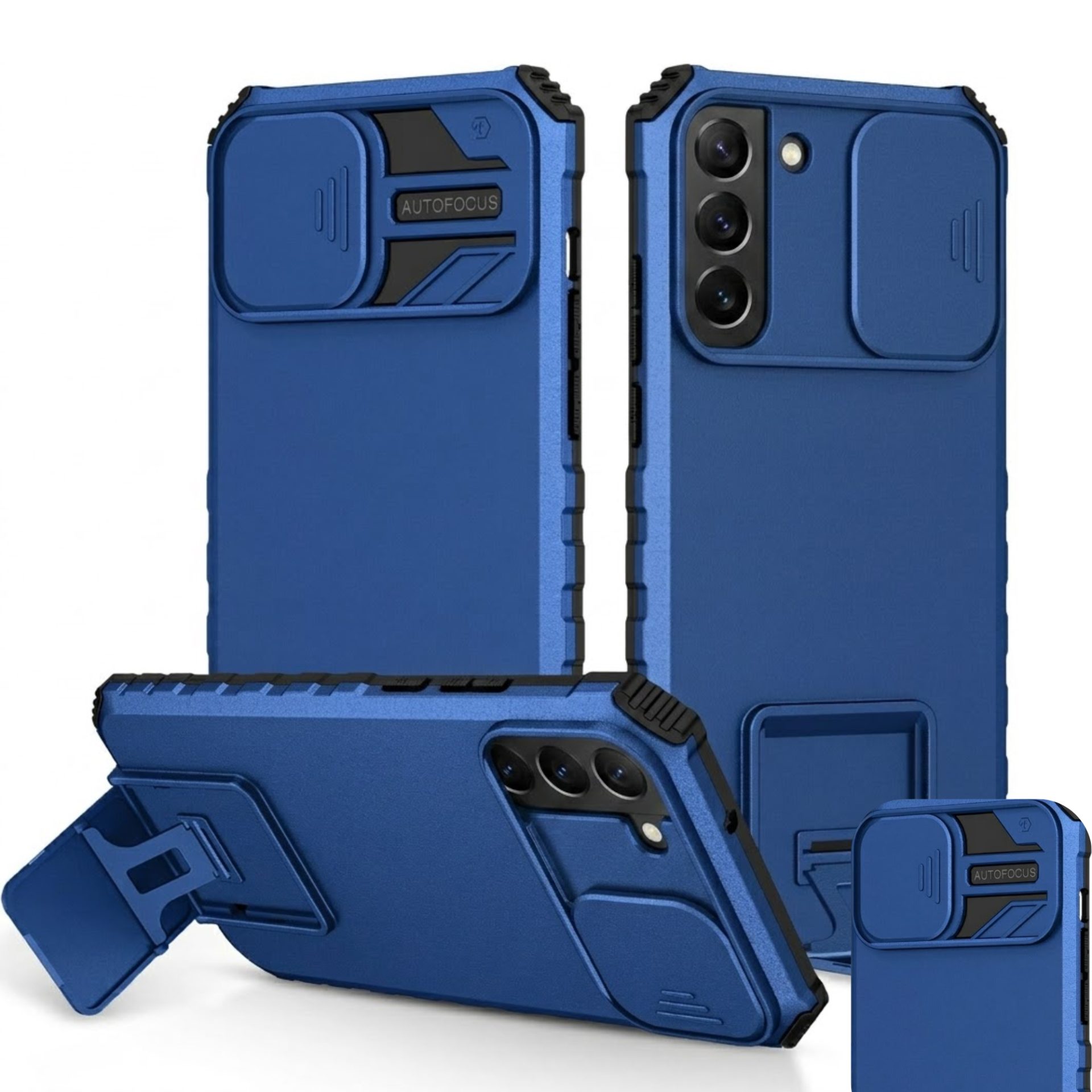 Husa Defender cu Stand pentru Samsung Galaxy S22, Albastru, Suport reglabil, Antisoc, Protectie glisanta pentru camera, Flippy