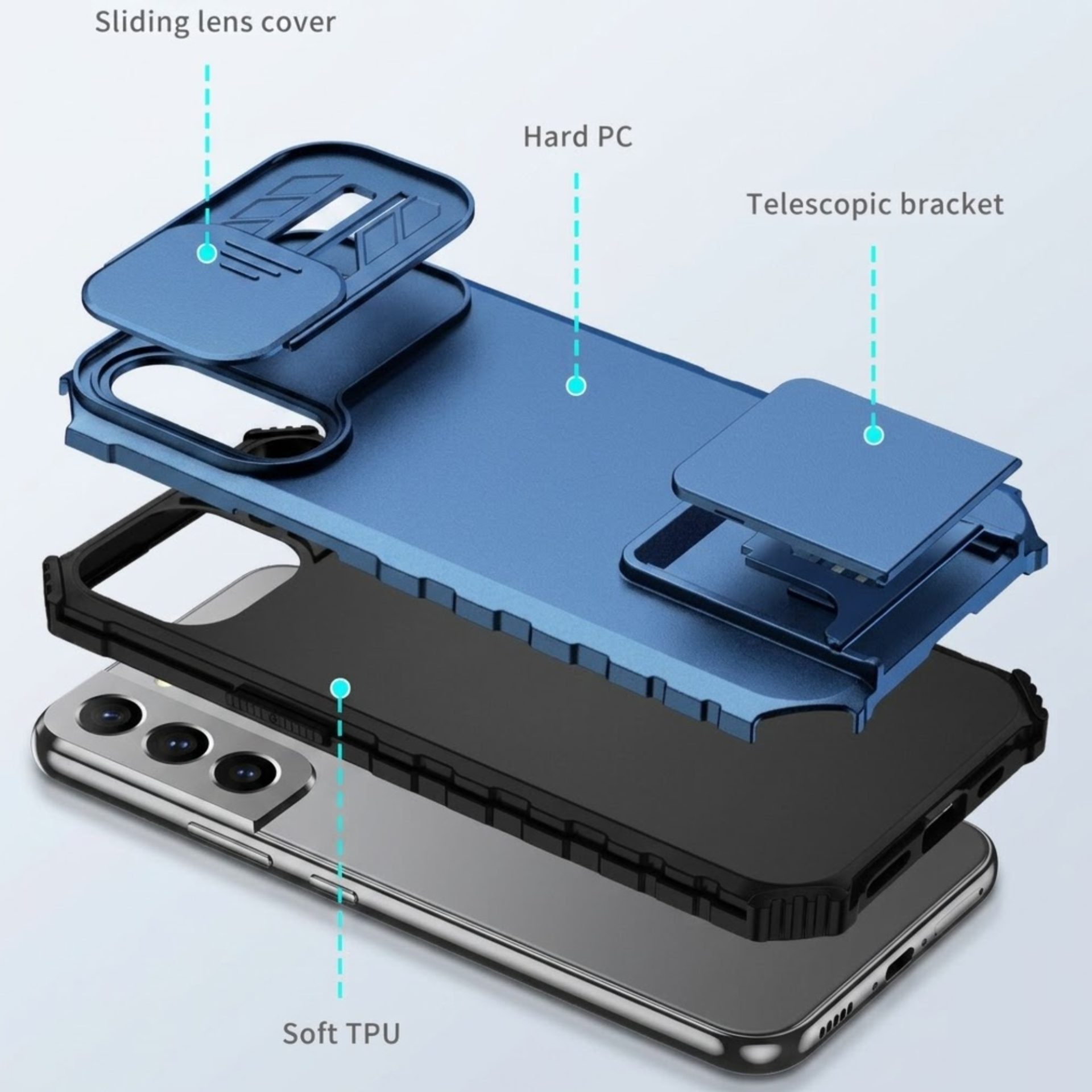Husa Defender cu Stand pentru Samsung Galaxy S22 Plus, Albastru, Suport reglabil, Antisoc, Protectie glisanta pentru camera, Flippy